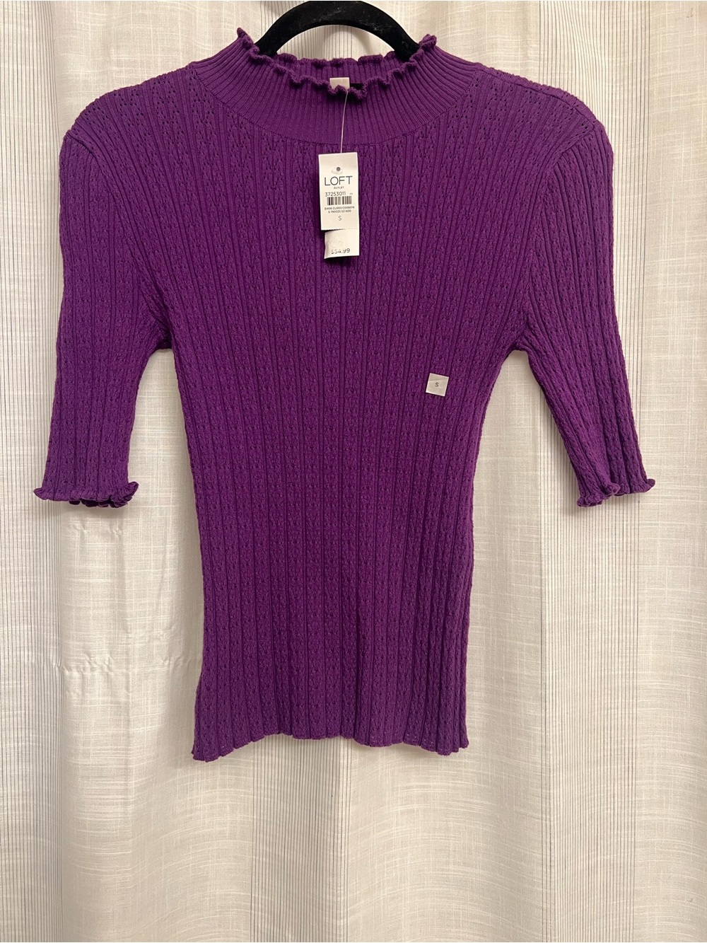 NWT LOFT Purple ribbed knit mock neck top with ruffle sleeves, so flattering!